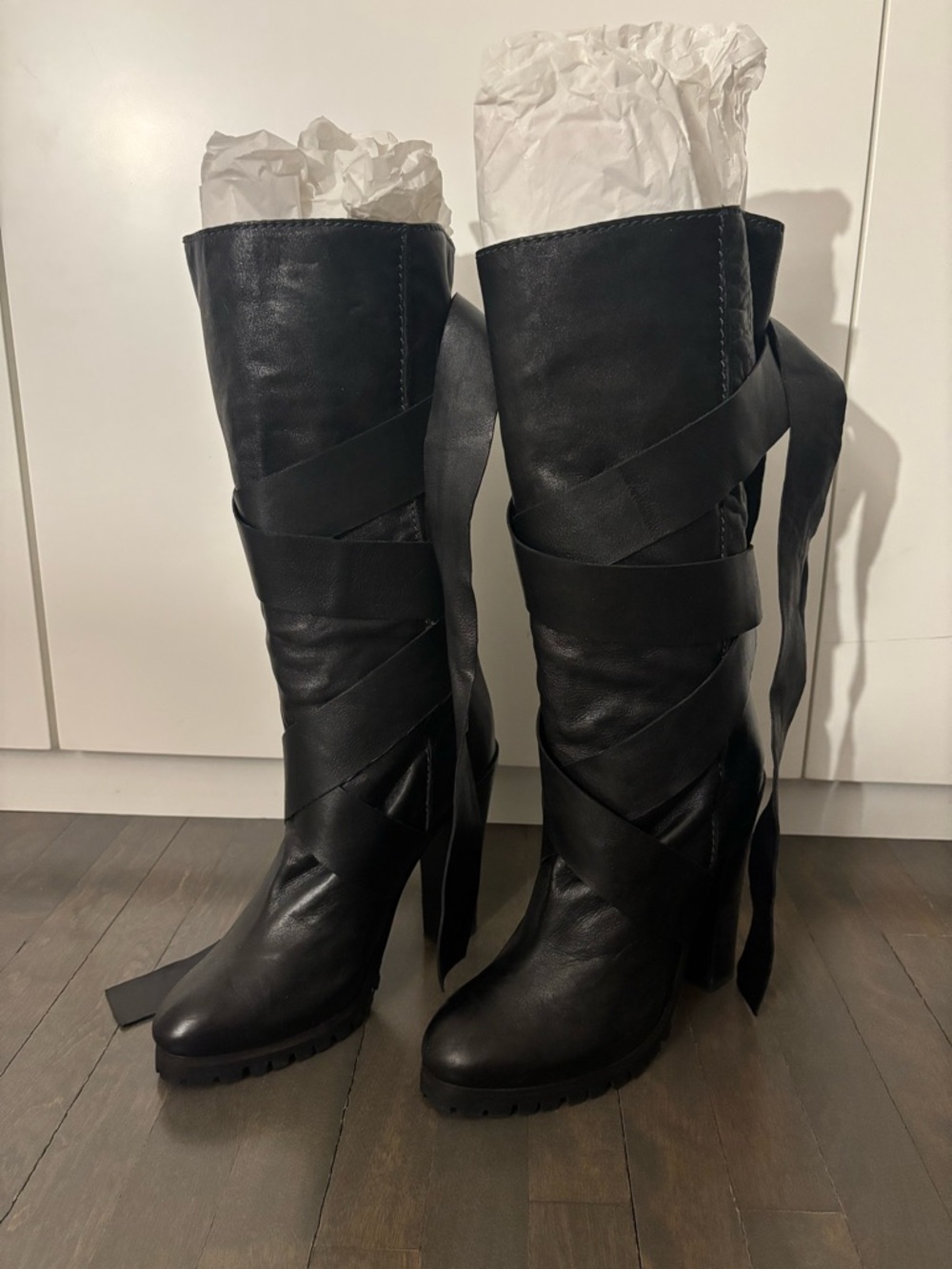 Women's Black High-Heel Wrap Leather Boots